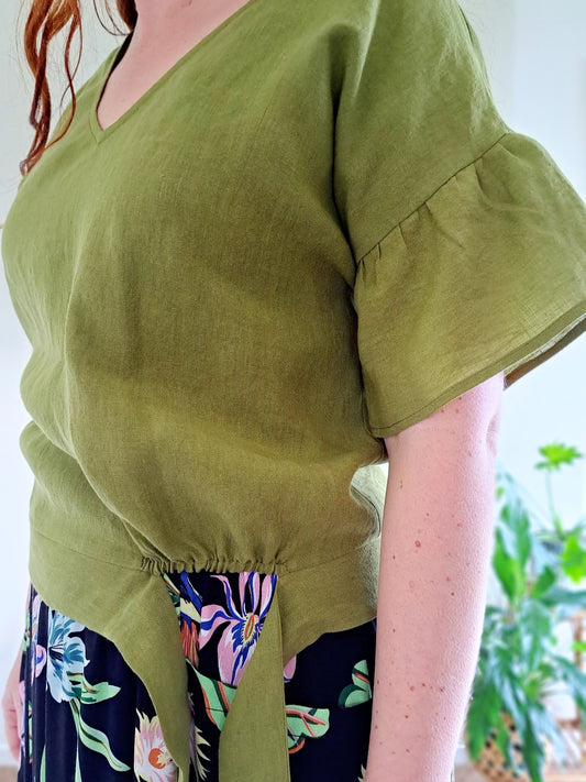 Pre-made Maddie Tie Top (olive linen) - size L