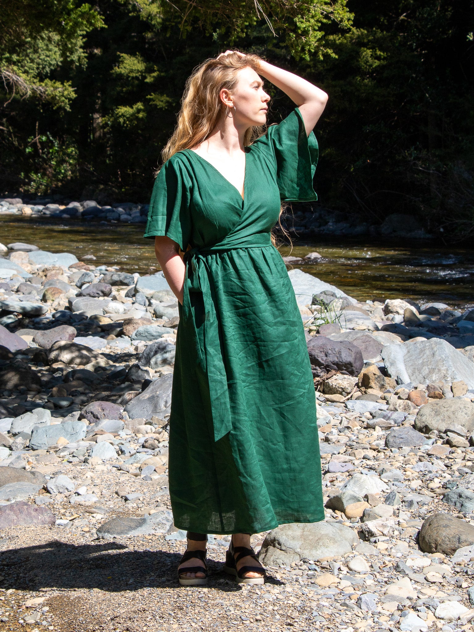 New Zealand made Linen Kelsy wrap Dress by Dare Darla in Takaka Golden Bay   DareDarla
