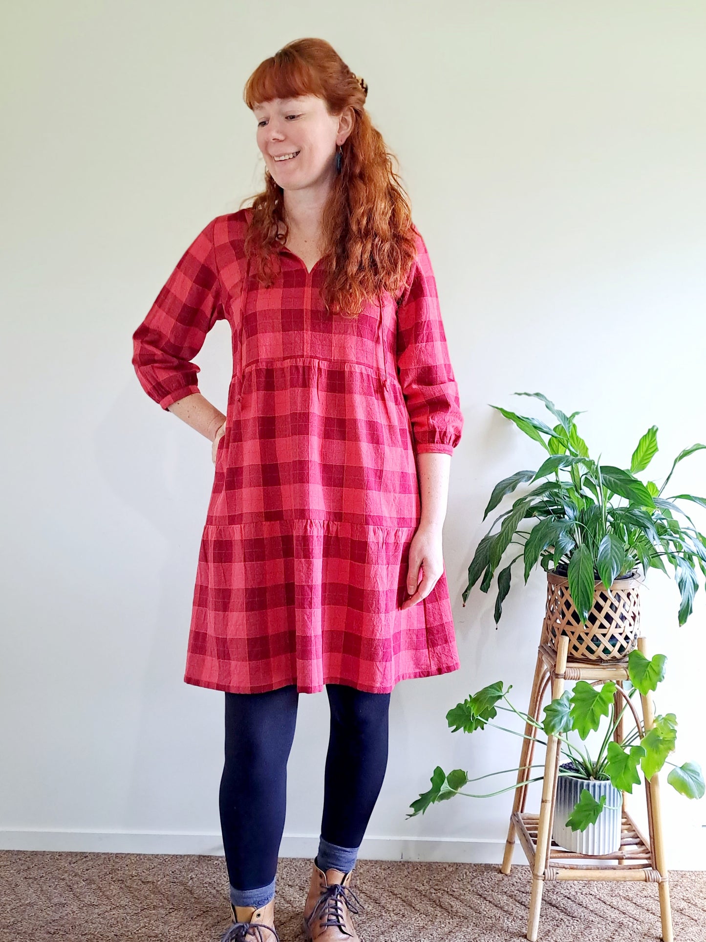 Pre-made Sammy Dress (raspberry check) - size S, M, L, XL