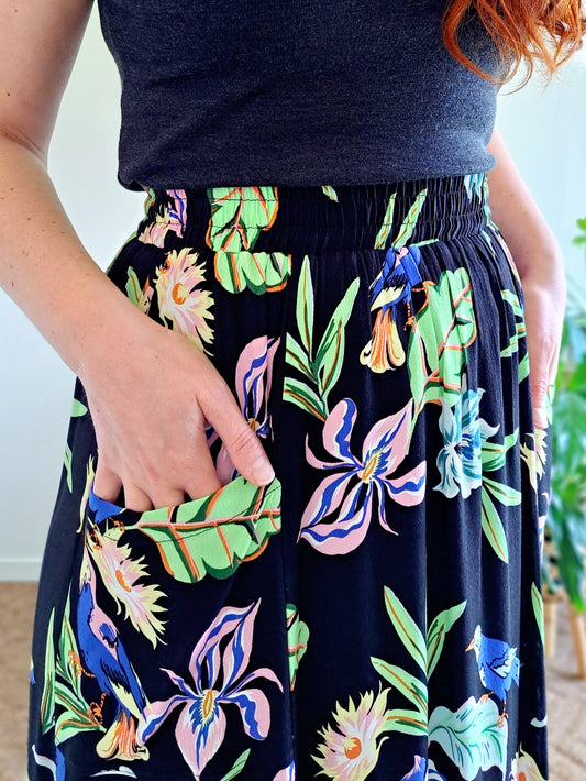 Pre-made Millie Maxi Skirt (black birdsong) - size M, XL
