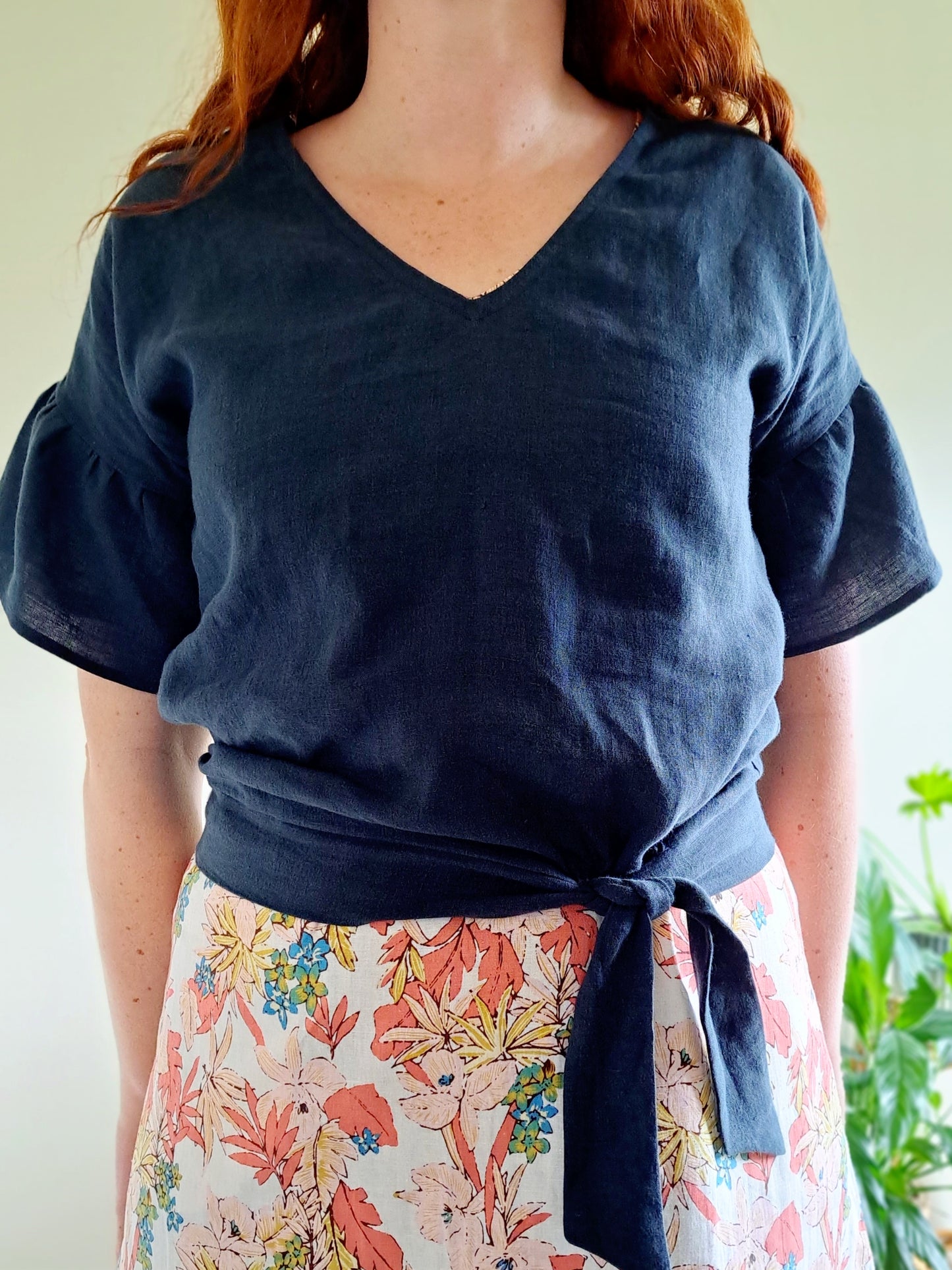 Pre-made Maddie Tie Top (petrol linen) - size XL