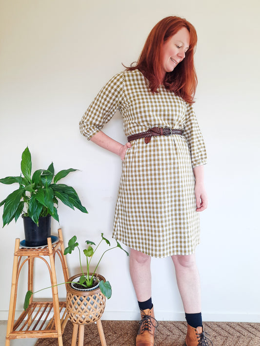 Pre-made Izzy Dress (olive gingham) - size L