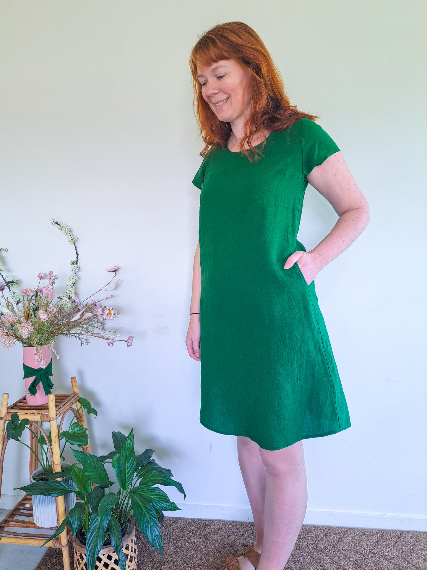 Pre-made Ziggy Dress (emerald linen blend) - sizes S, M, L, XL