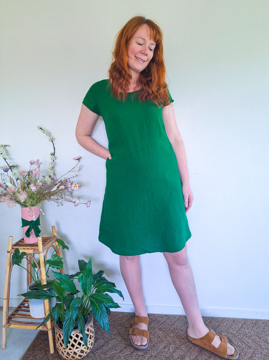 Pre-made Ziggy Dress (emerald linen blend) - sizes S, M, L, XL