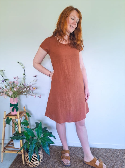 Pre-made Ziggy Dress (rust linen) - size XS, M, XXL