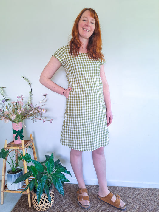 Pre-made Ziggy Dress (olive gingham) - size S